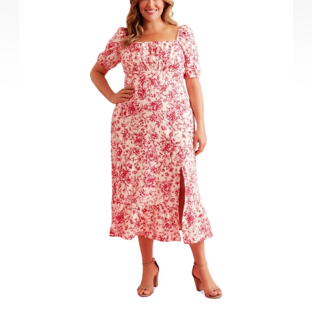 London Times Puff Sleeve Linen Midi Dress Womens Plus 18W Red Floral Wedding - Picture 2 of 16